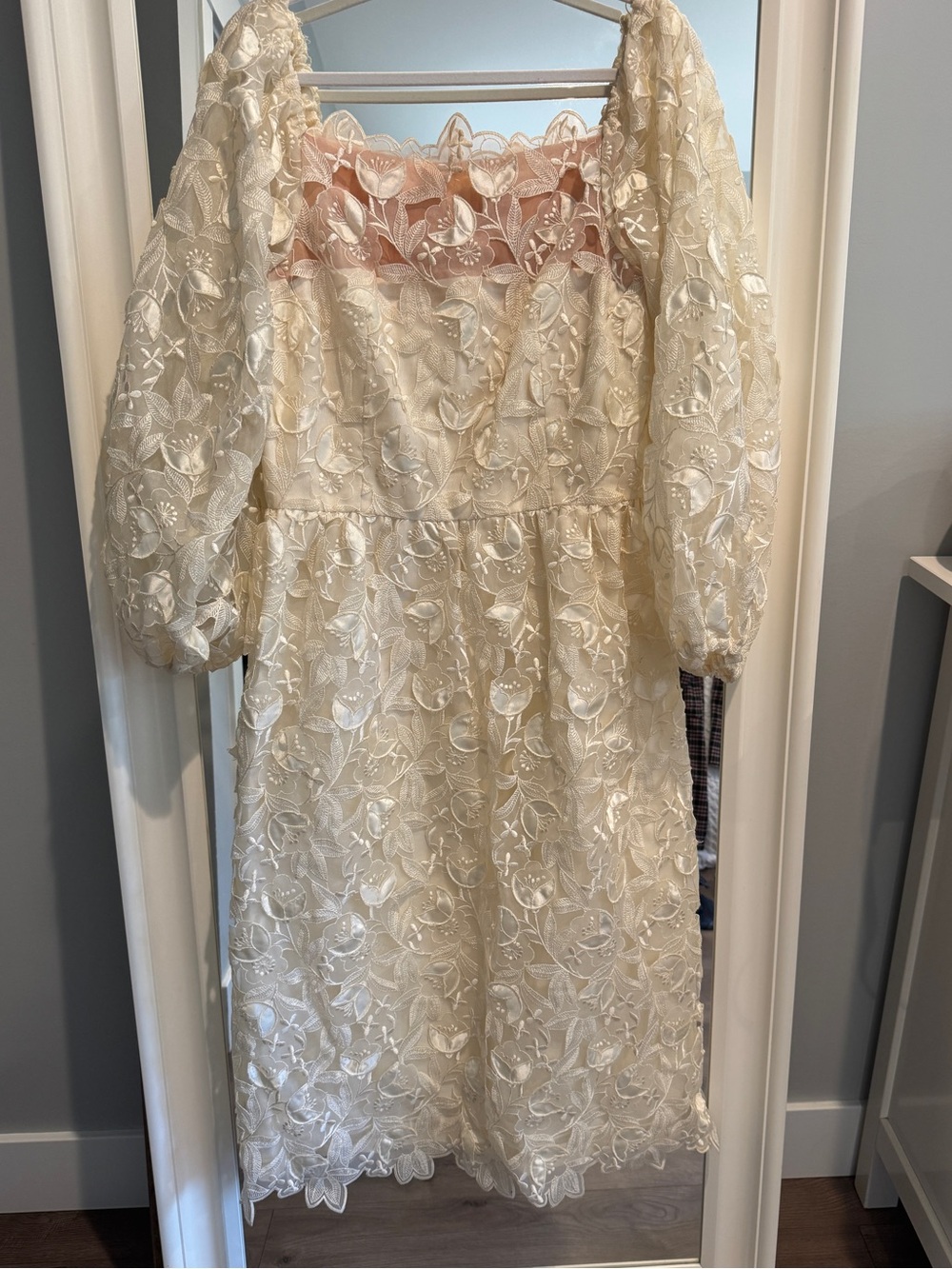 Vintage Cream Floral Embroidered Organza Dress Coquette